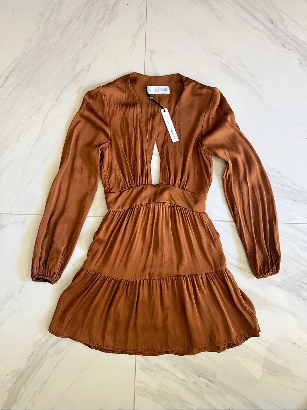 Stillwater The Jessie Mini Long Sleeve Mini Dress in Brown Size X-Small Rayon Fa